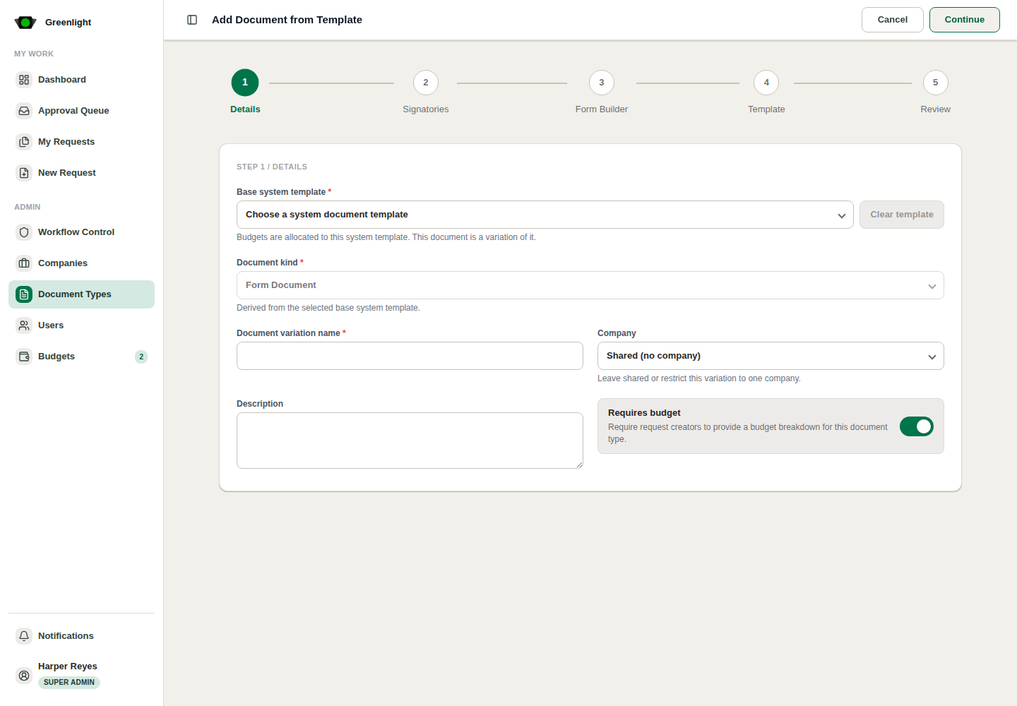 Add Document from Template screenshot