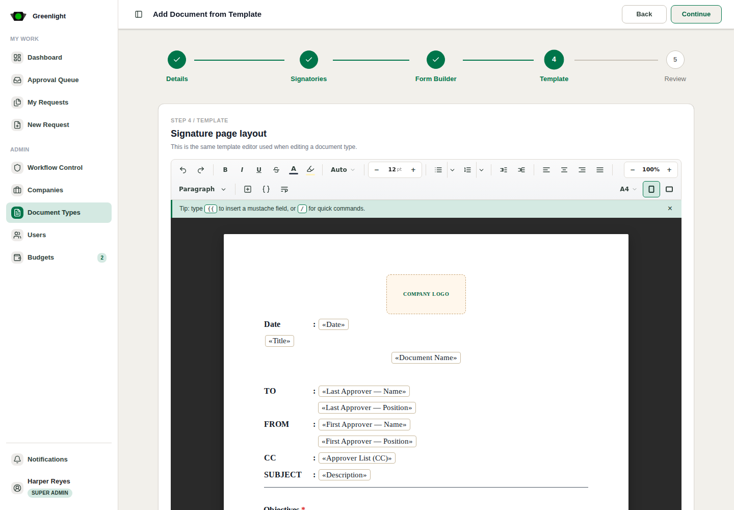 Review inherited Template screenshot