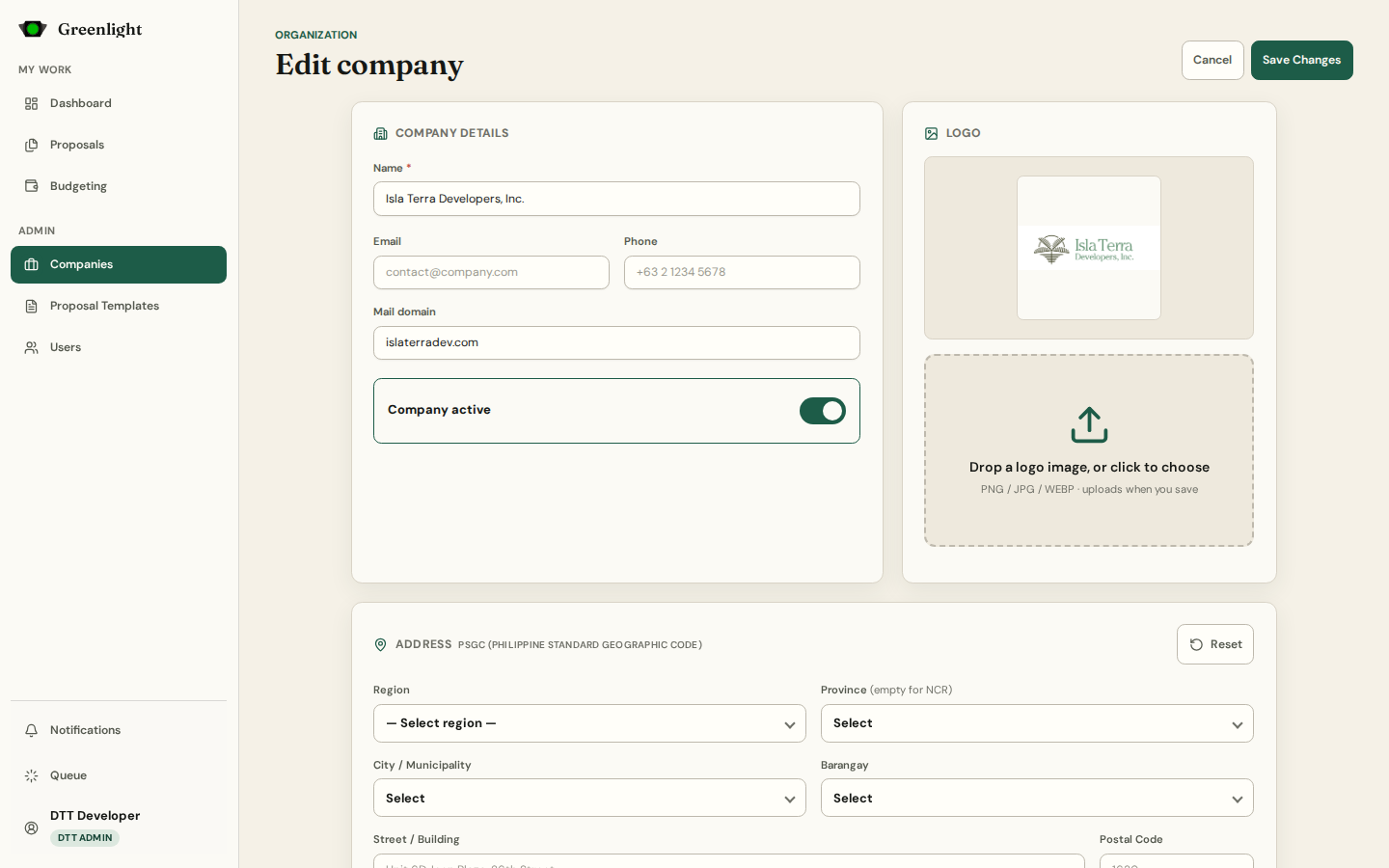 Edit company and its departments screenshot