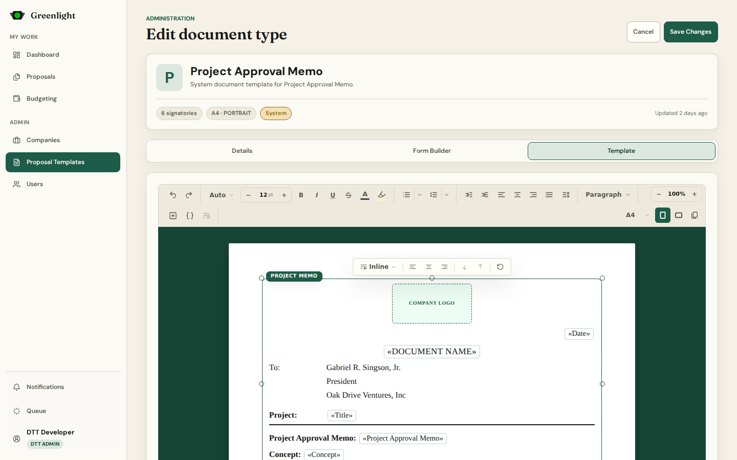 Template editor screenshot
