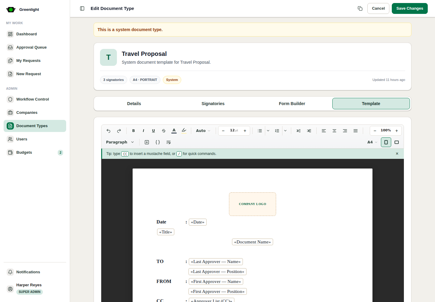 Template tab screenshot